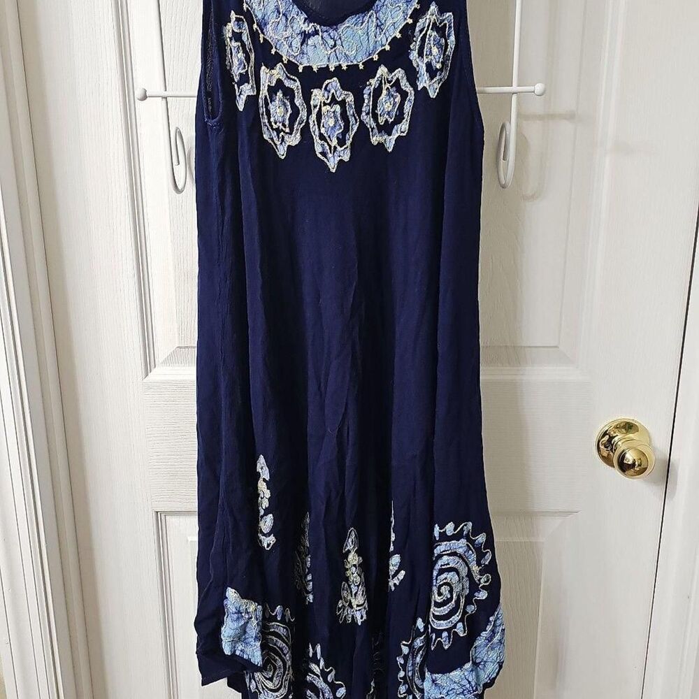 Rima Beachworld Navy Blue Batik Embroidered Tank Dress Cover Up One Size